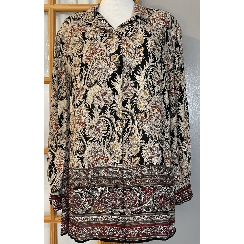 90s NEXX Silk Paisley Button Down Blouse 1X Beige Red Banded Hem Boho Career